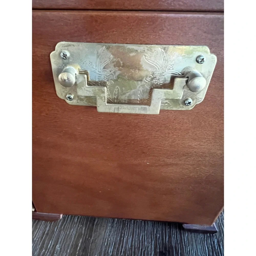 Vintage Burl Wood Jewelry Box Chest Brass Hardware 2 Drawers Necklace Hooks 10in